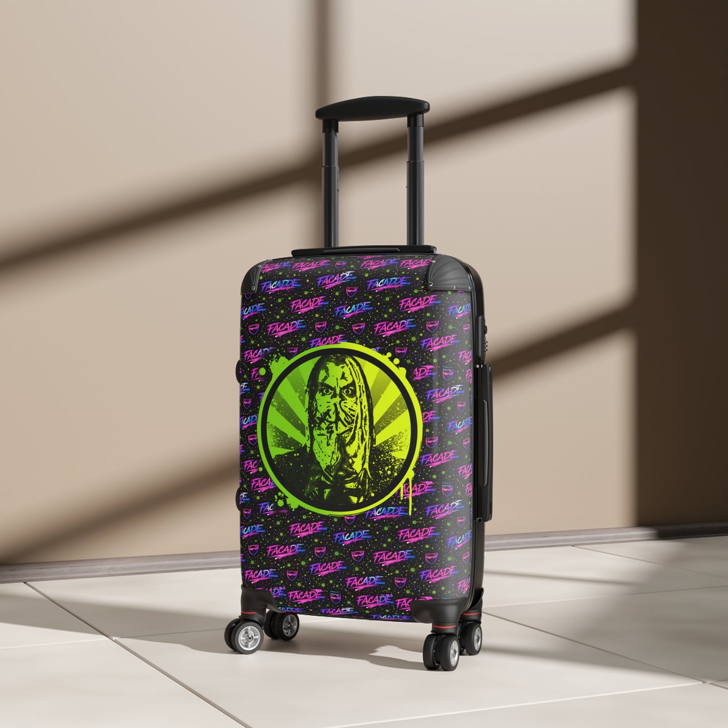 Neon Horror Suitcase — Retro ‘Freak’ Graphic Carry-On for Gothic Travelers